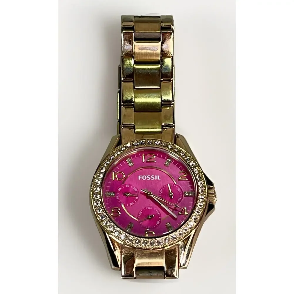 FOSSIL Women’s Gold Tone Crystal Bezel Pink Dial Watch ES3071